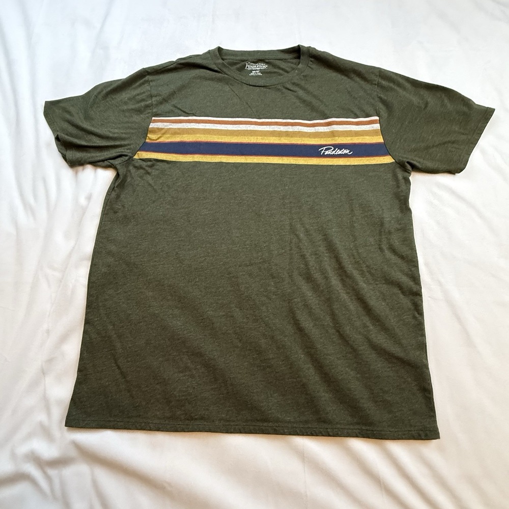 Pendleton Men's Short Sleeve T-Shirt Olive Drab Green With Stripes‎ Size Medium